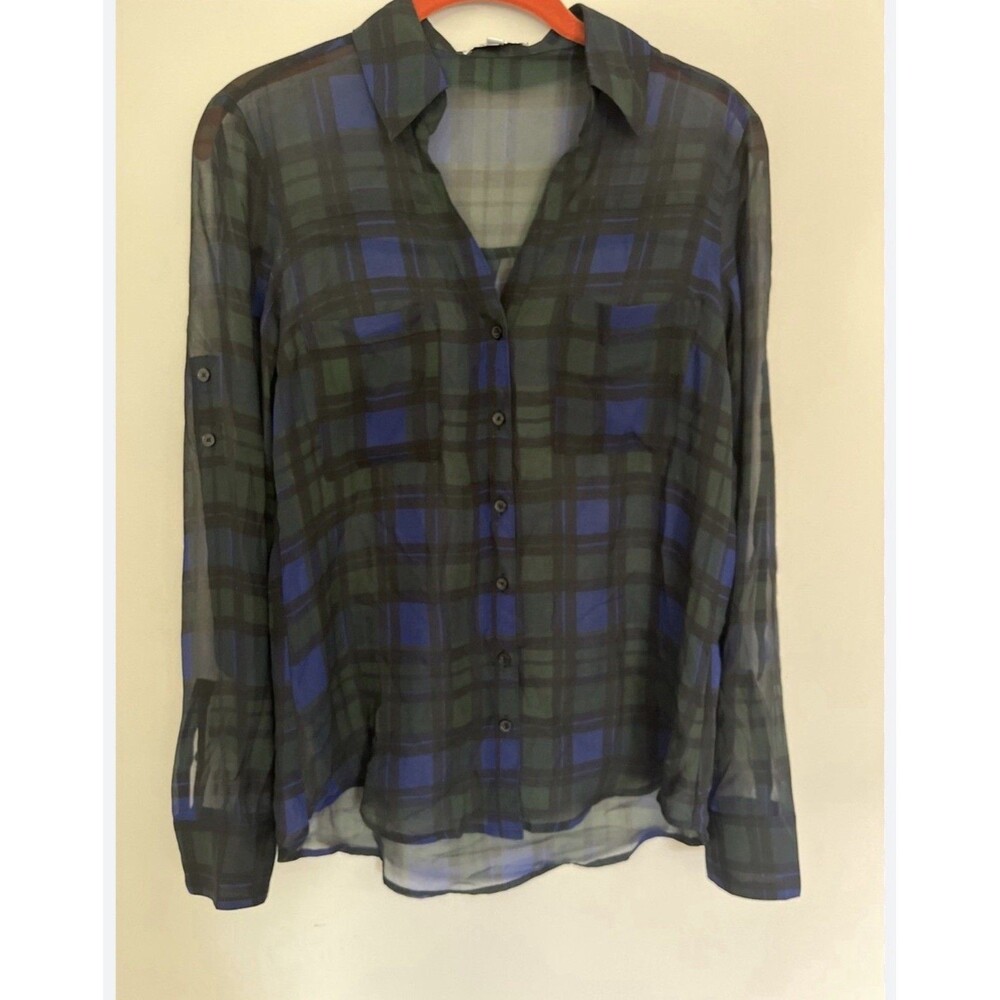 Express Original Fit Portofino Women’s Plaid Sheer Black Blue Green Blouse Small